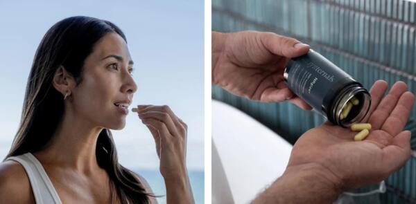 Women Taking Collagen Tablets And Man Taking Two Collagen Tablets