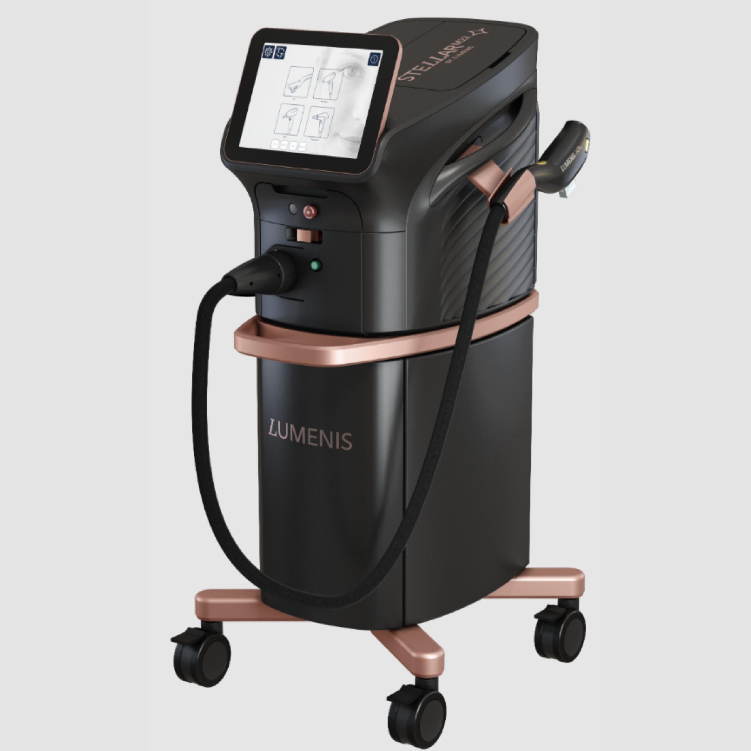 Lumenis Stellar M22 IPL and XPL machine on a rolling stand with rose gold handpiece holder and touchscreen display